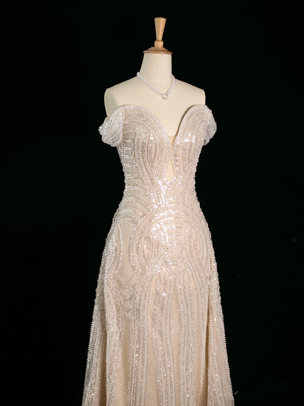 Vintage Sheath Off-the-Shoulder Sequin Champagne Wedding Dresses With Beads - View 2 | FashionDia