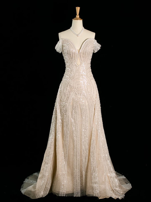 Vintage Sheath Off The Shoulder Sequin Champagne Wedding Dresses With Beads