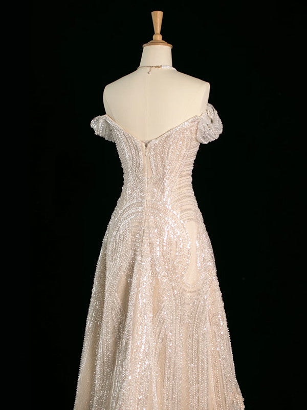 Vintage Sheath Off-the-Shoulder Sequin Champagne Wedding Dresses With Beads - View 3 | FashionDia