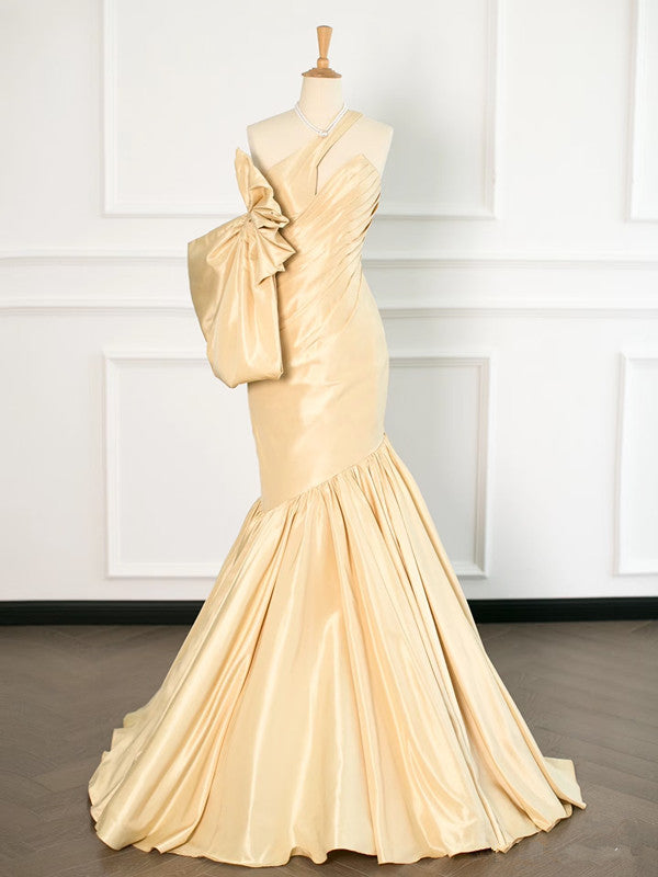 Sexy Mermaid One-Shoulder Yellow Satin Long Prom Dresses Party Evening Dress With Bow - FashionDia