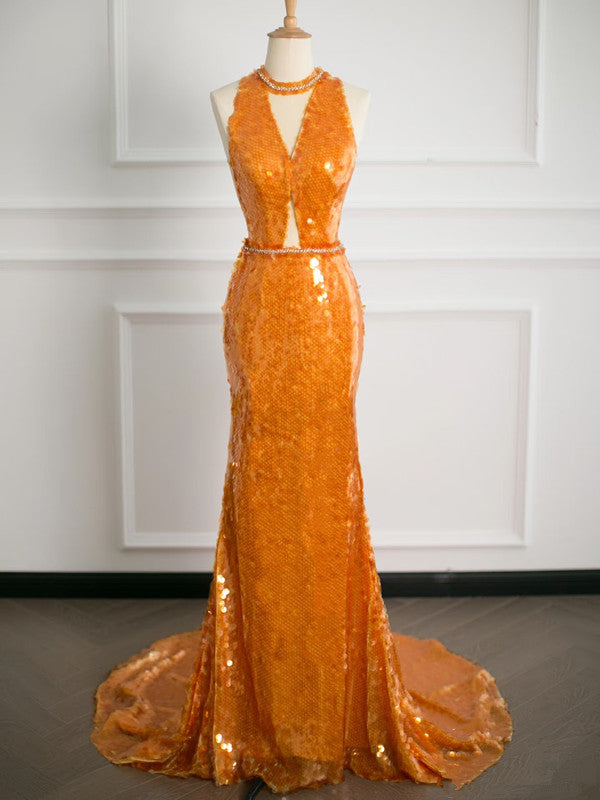 Sexy Mermaid Scoop Neckline Orange Sequin Prom Dresses Party Evening Dress With Beads - View 4 | FashionDia