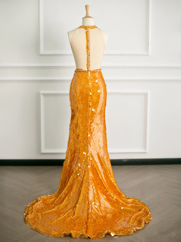 Sexy Mermaid Scoop Neckline Orange Sequin Prom Dresses Party Evening Dress With Beads - View 3 | FashionDia