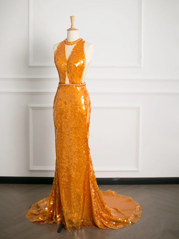 Sexy Mermaid Scoop Neckline Orange Sequin Prom Dresses Party Evening Dress With Beads - FashionDia