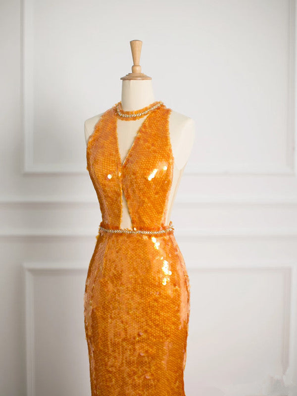 Sexy Mermaid Scoop Neckline Orange Sequin Prom Dresses Party Evening Dress With Beads - View 2 | FashionDia
