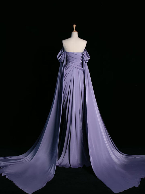 Vintage A Line Off The Shoulder Light Grape Satin Prom Dresses Long Evening Gown Formal Party Dress