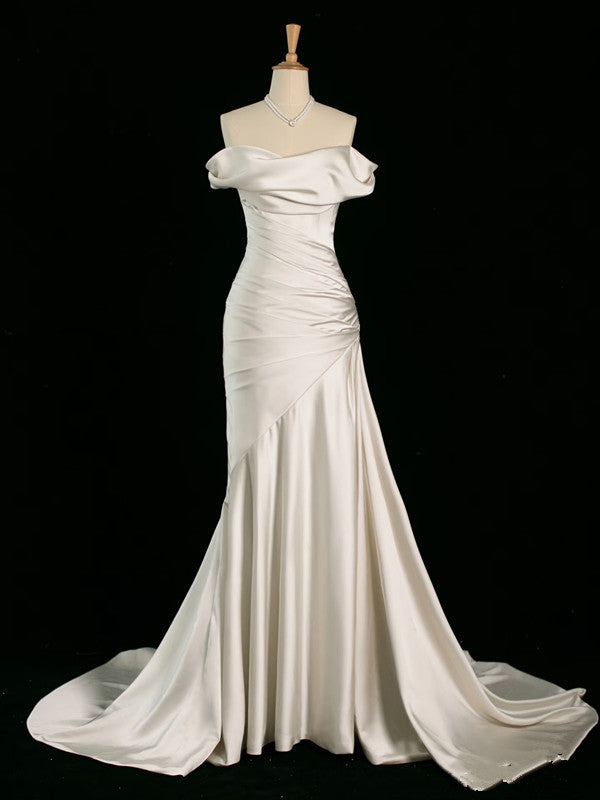 Classy Mermaid Off The Shoulder Ivory Satin Wedding Dresses With Ruffles