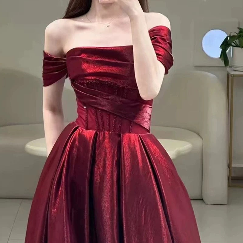 Pretty A-Line Off-the-Shoulder Burgundy Satin Long Prom Dresses Party Evening Dress - View 3 | FashionDia