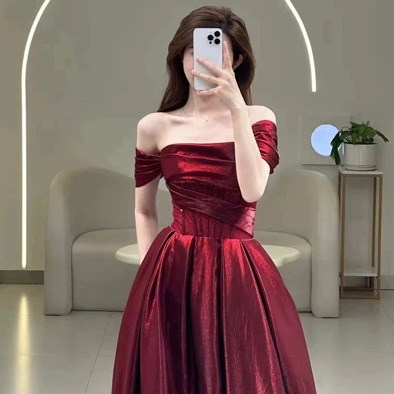 Pretty A-Line Off-the-Shoulder Burgundy Satin Long Prom Dresses Party Evening Dress - View 2 | FashionDia