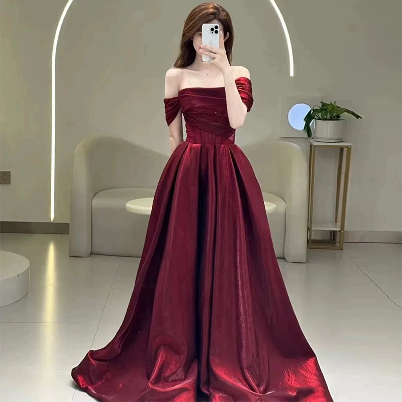 Pretty A-Line Off-the-Shoulder Burgundy Satin Long Prom Dresses Party Evening Dress - FashionDia
