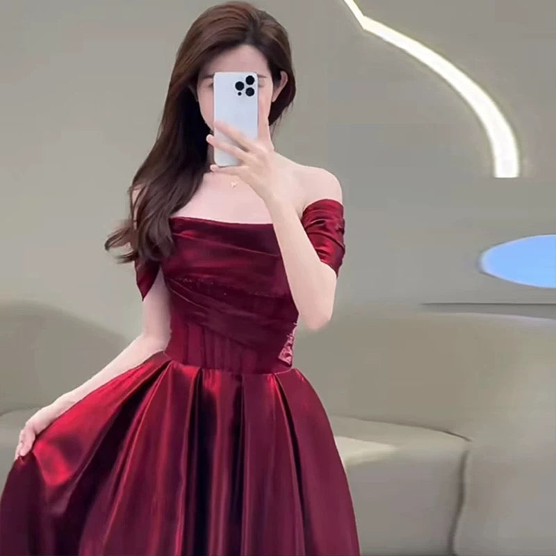 Pretty A-Line Off-the-Shoulder Burgundy Satin Long Prom Dresses Party Evening Dress - View 5 | FashionDia