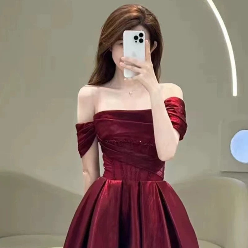 Pretty A-Line Off-the-Shoulder Burgundy Satin Long Prom Dresses Party Evening Dress - View 4 | FashionDia