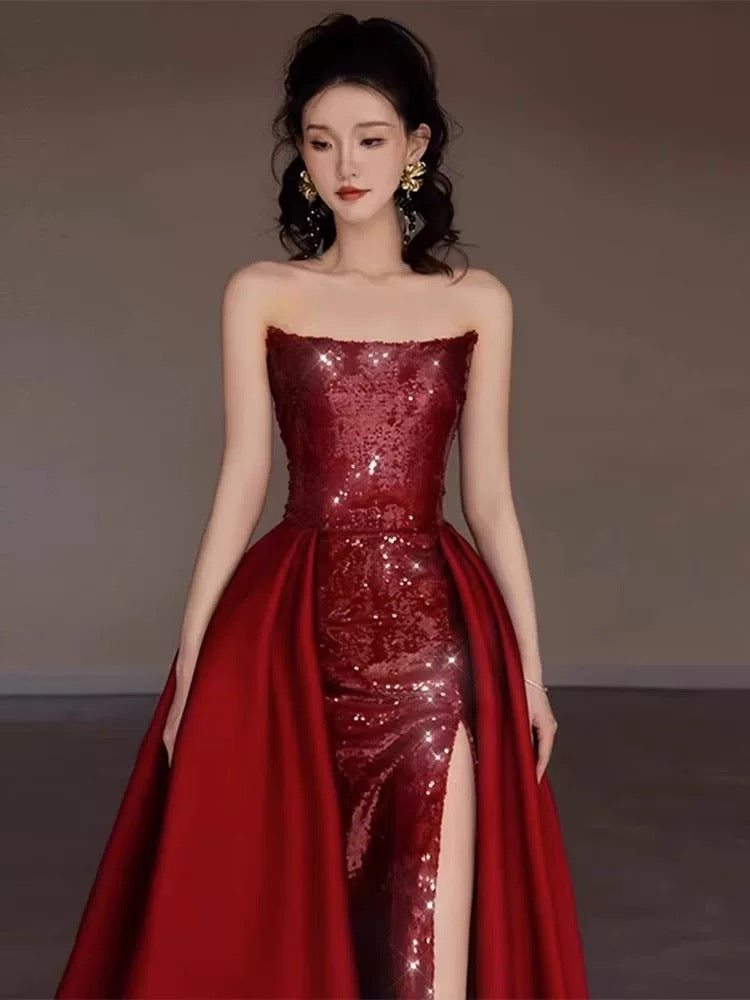 Sexy Mermaid Red Sleeveless Long Sequin Slit Prom Dress Evening Dresses