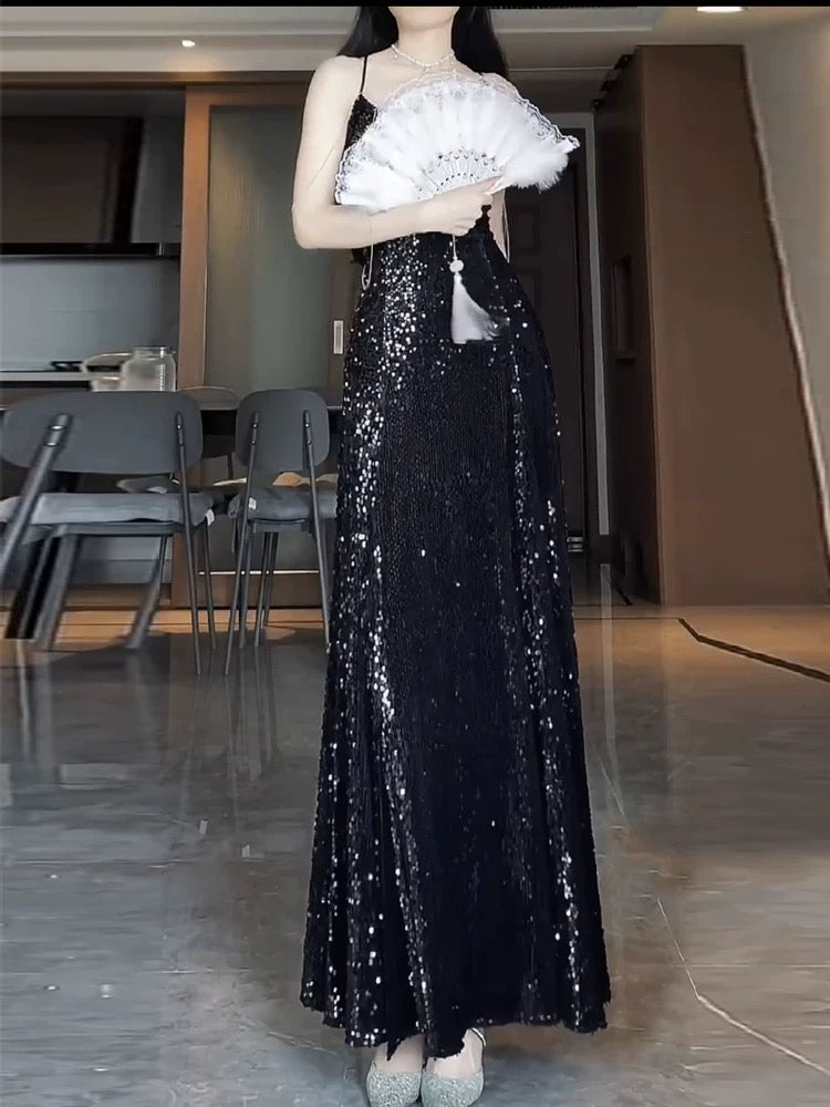 Pretty Sheath Spaghetti Straps Sequin Black Slit Long Prom Dresses Party Evening Dress