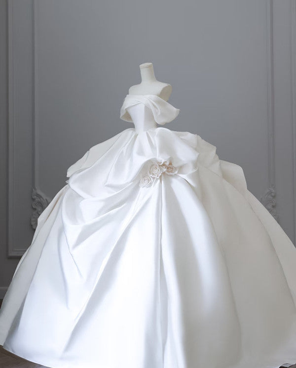 Unique Ball Gown Strapless Off-the-Shoulder Satin Long Wedding Dresses Brides Dress - View 2 | FashionDia