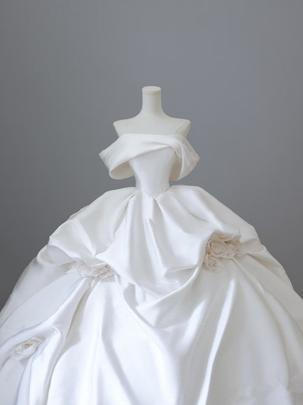 Unique Ball Gown Strapless Off-the-Shoulder Satin Long Wedding Dresses Brides Dress - View 5 | FashionDia