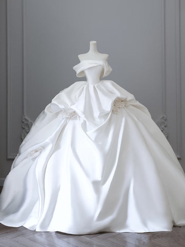 Unique Ball Gown Strapless Off-the-Shoulder Satin Long Wedding Dresses Brides Dress - FashionDia