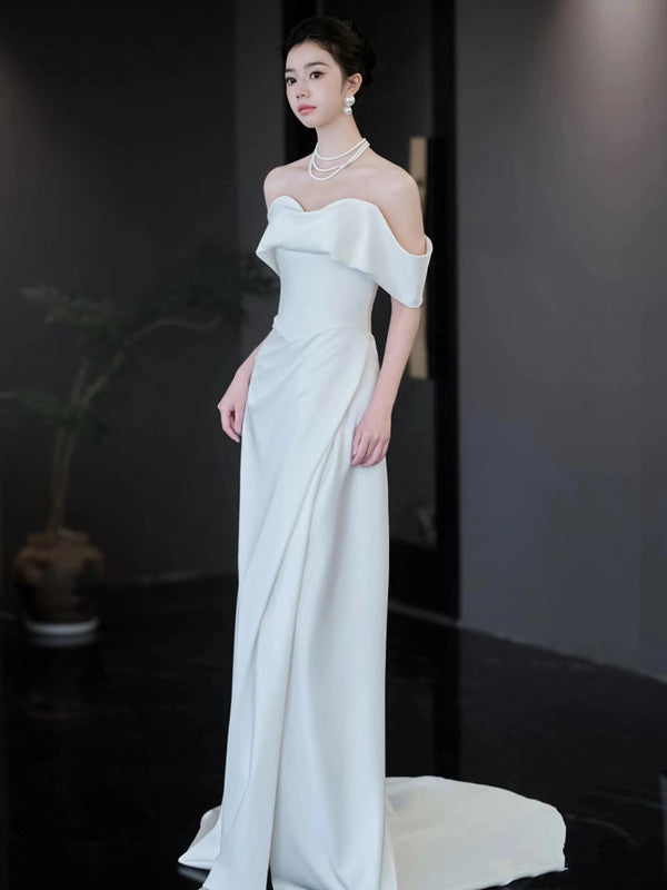 Unique Mermaid Off-the-Shoulder White Long Wedding Dresses With Short Sleeves Brides Dress - View 2 | FashionDia