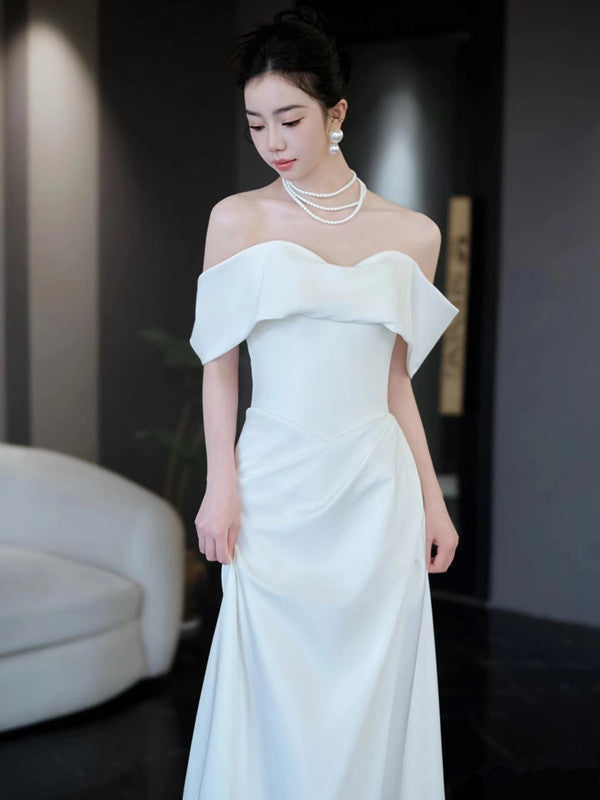 Unique Mermaid Off-the-Shoulder White Long Wedding Dresses With Short Sleeves Brides Dress - View 4 | FashionDia