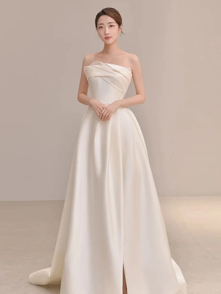 Elegant A Line Strapless Satin Slit Long Bridesmaid Dress