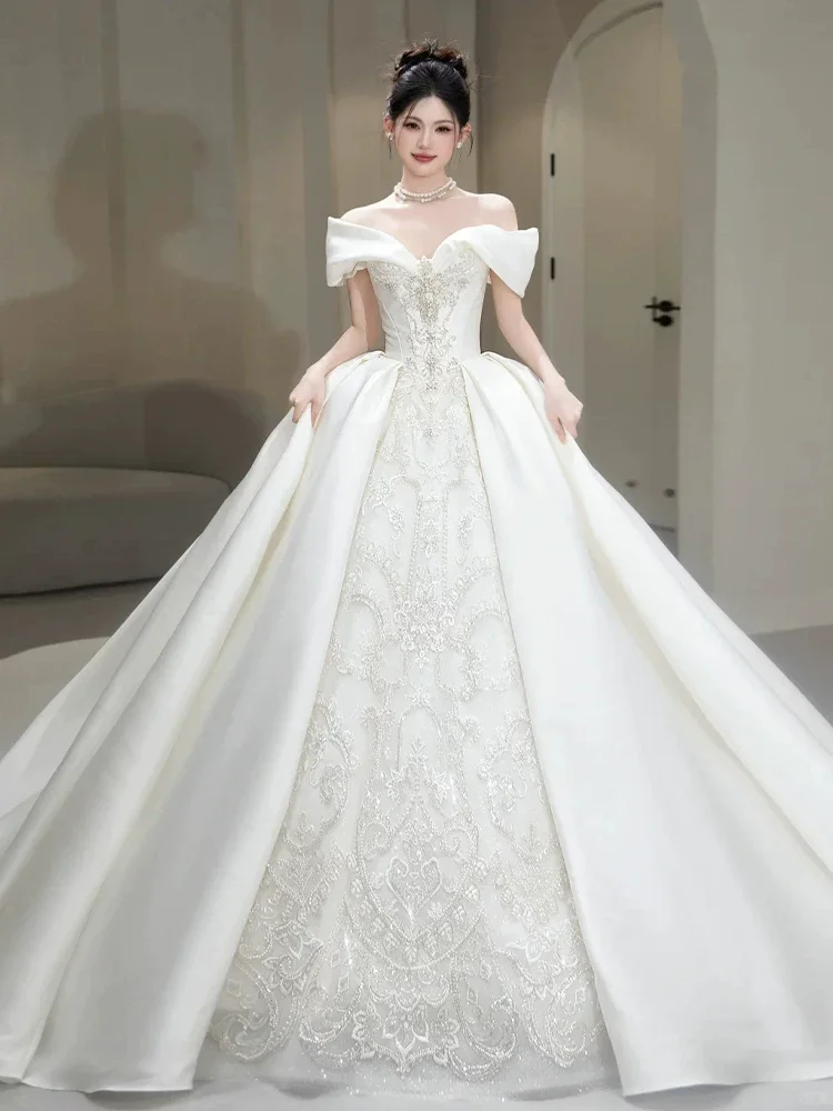 Timeless Ball Gown Off The Shoulder Satin Lace Long Wedding Dresses