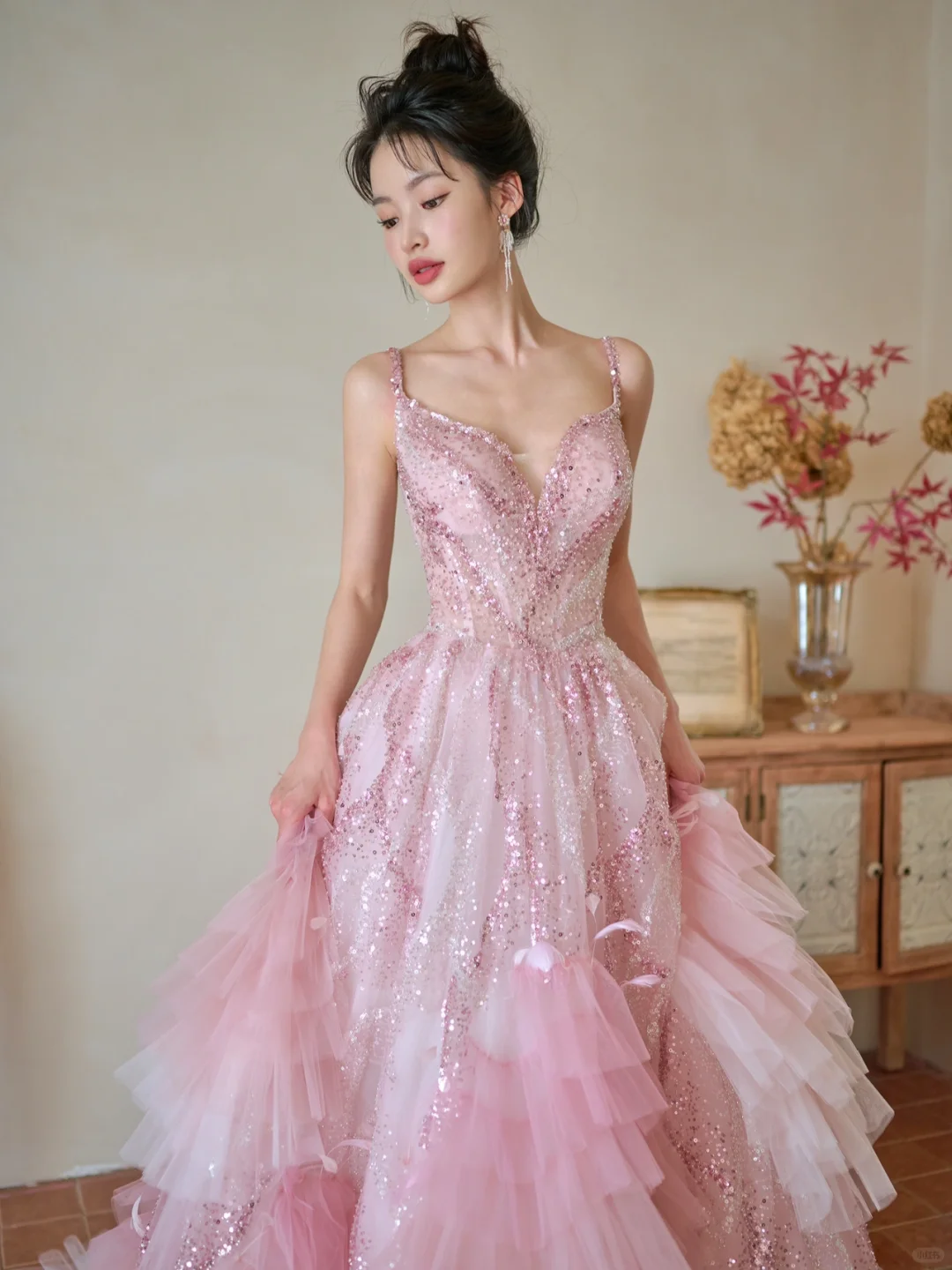 Pretty Summer Ball Gown Spaghetti Straps Pink Tulle Sequin Long Prom Dresses - View 4 | FashionDia