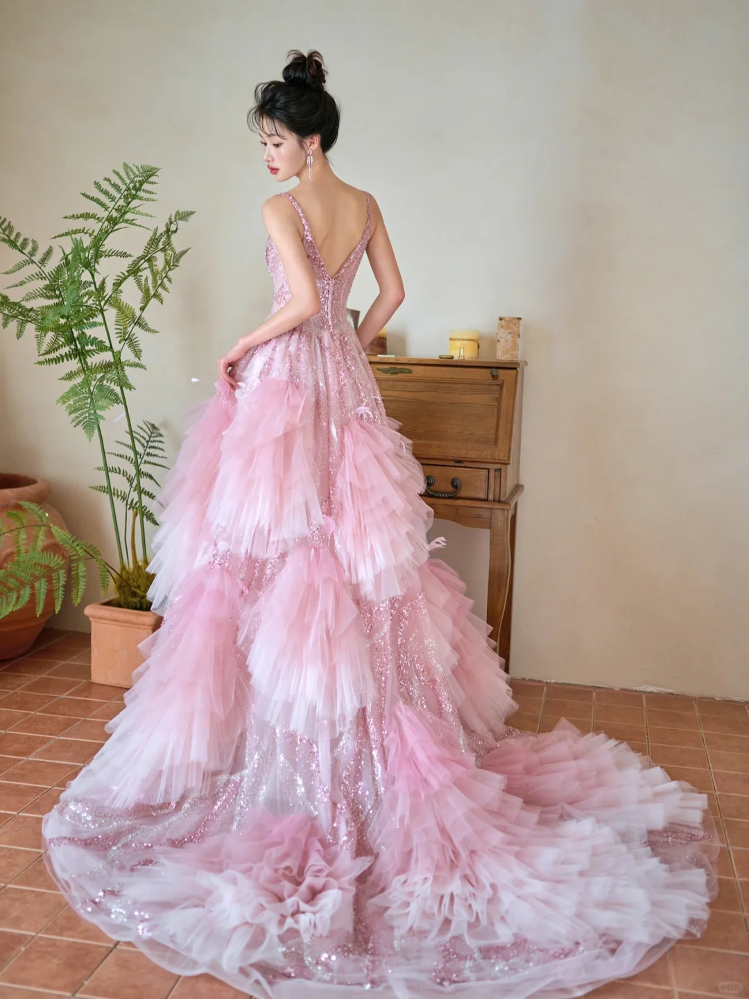 Pretty Summer Ball Gown Spaghetti Straps Pink Tulle Sequin Long Prom Dresses - View 5 | FashionDia
