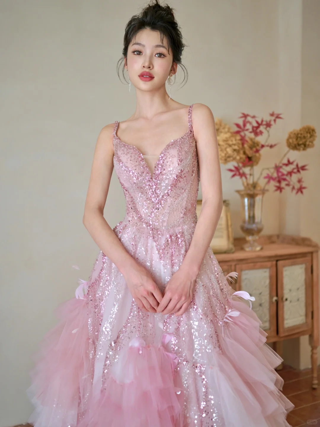 Pretty Summer Ball Gown Spaghetti Straps Pink Tulle Sequin Long Prom Dresses - View 6 | FashionDia