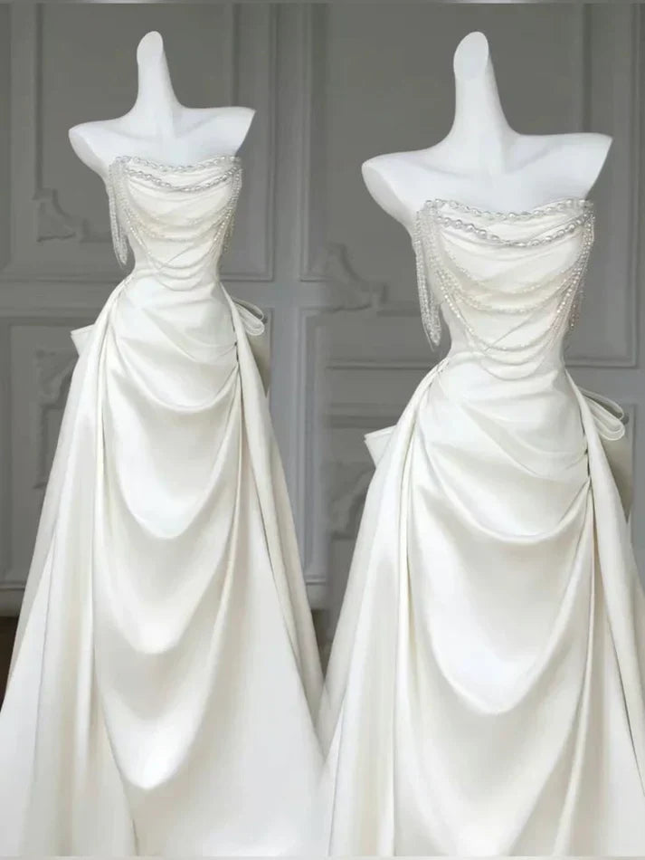 Elegant A Line Strapless Satin Beaded Pleated Long Wedding Dresses