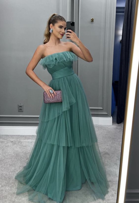 Elegant A-Line Tulle Prom Dress,Strapless Evening Dress - FashionDia