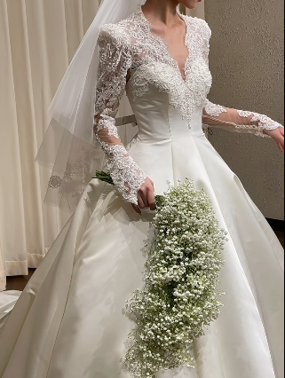 Elegant Ball Gown V-Neck Satin Lace Long Sleeves With Veil Long Wedding Dresses - View 3 | FashionDia