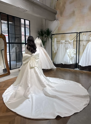 Elegant Ball Gown V-Neck Satin Lace Long Sleeves With Veil Long Wedding Dresses - View 4 | FashionDia