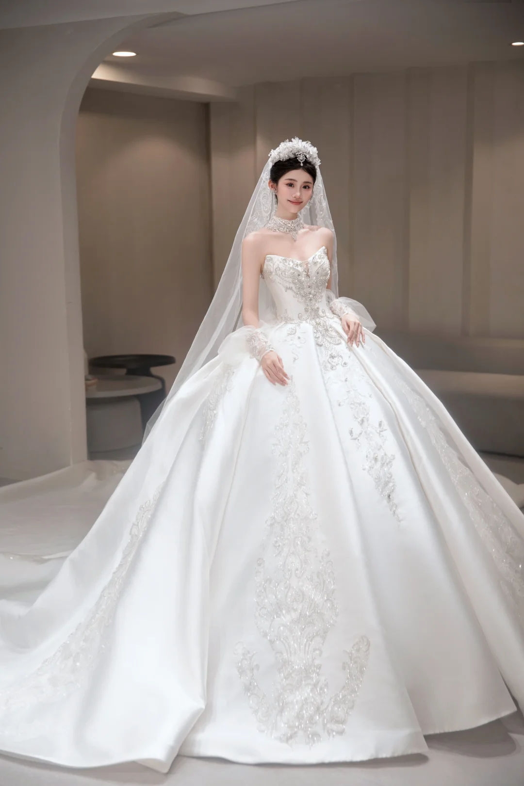 Dreamy Ball Gown Strapless Satin Applique With Veil Long Wedding Dresses