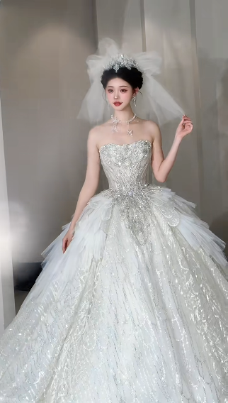 Timeless Ball Gown Strapless Tulle Sequin With Veil Long Wedding Dresses