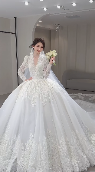 Timeless Ball Gown V-Neck Tulle Lace Long Sleeves With Train Long Wedding Dresses - View 2 | FashionDia