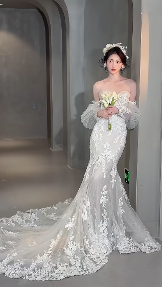 Pretty Mermaid Sweetheart Tulle Lace With Sleeves Long Wedding Dresses