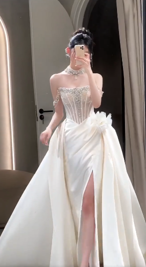 Sexy Mermaid Off The Shoulder Satin Beaded Slit Long Wedding Dresses