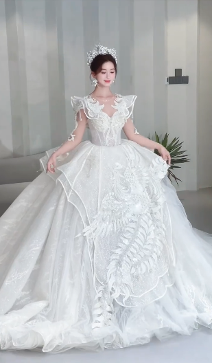 Unique Ball Gown Tulle Sequin Beaded Long Sleeves Long Wedding Dresses