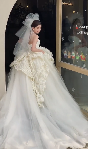 Pretty Ball Gown Strapless Satin Tulle With Veil Long Wedding Dresses - View 5 | FashionDia