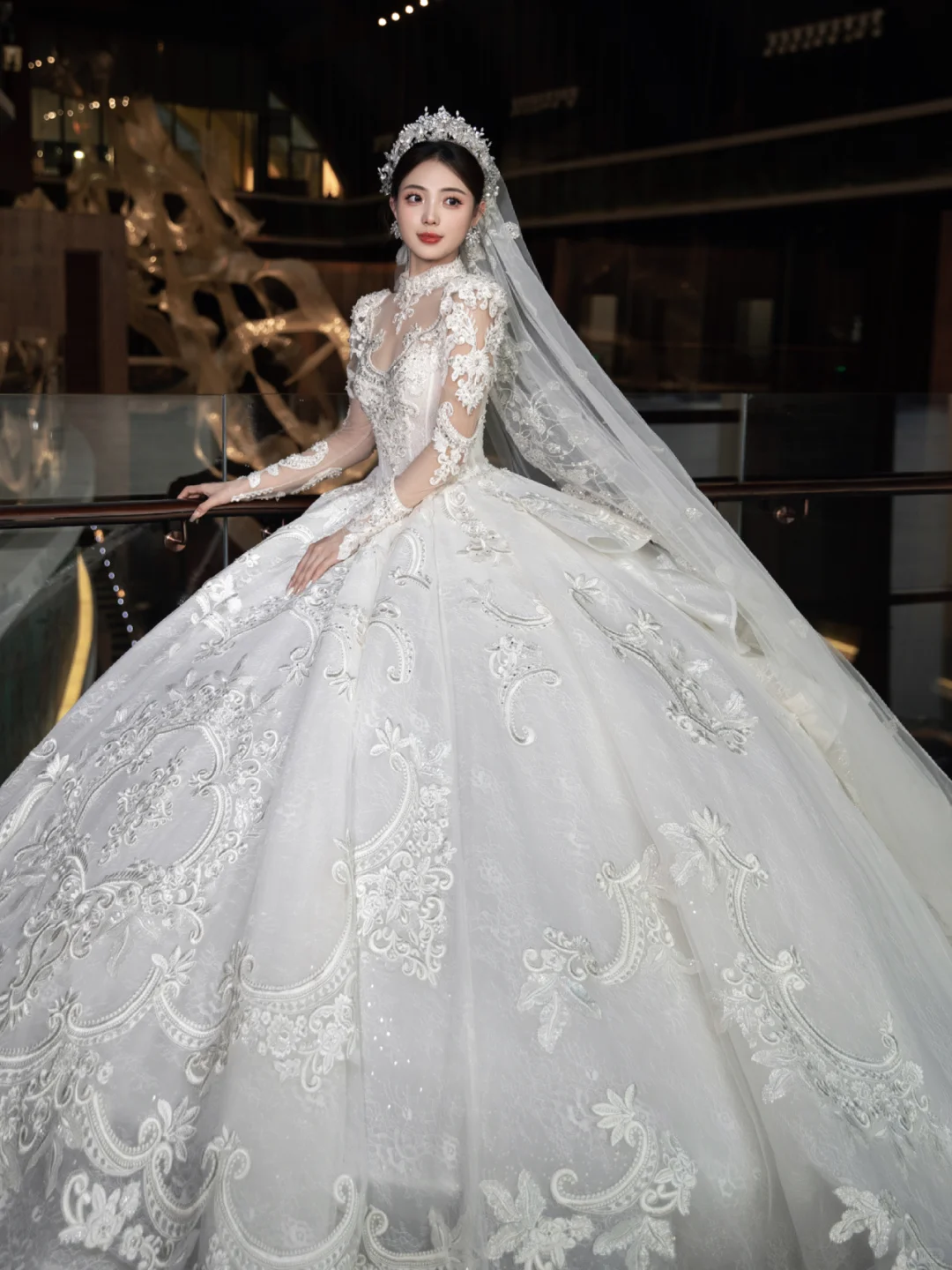 Dreamy Ball Gown Tulle Lace Applique Long Sleeves With Veil Long Wedding Dresses