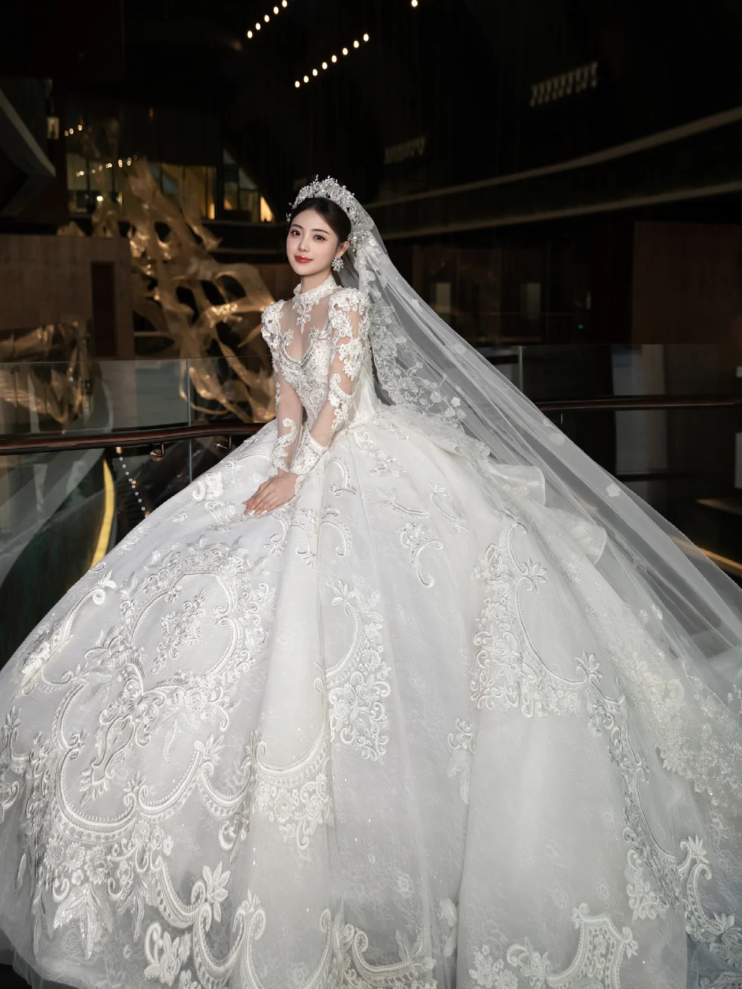 Dreamy Ball Gown Tulle Lace Applique Long Sleeves With Veil Long Wedding Dresses - View 3 | FashionDia