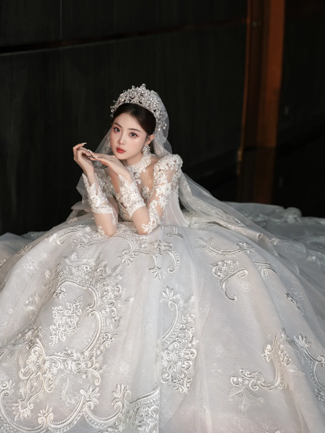 Dreamy Ball Gown Tulle Lace Applique Long Sleeves With Veil Long Wedding Dresses - View 4 | FashionDia