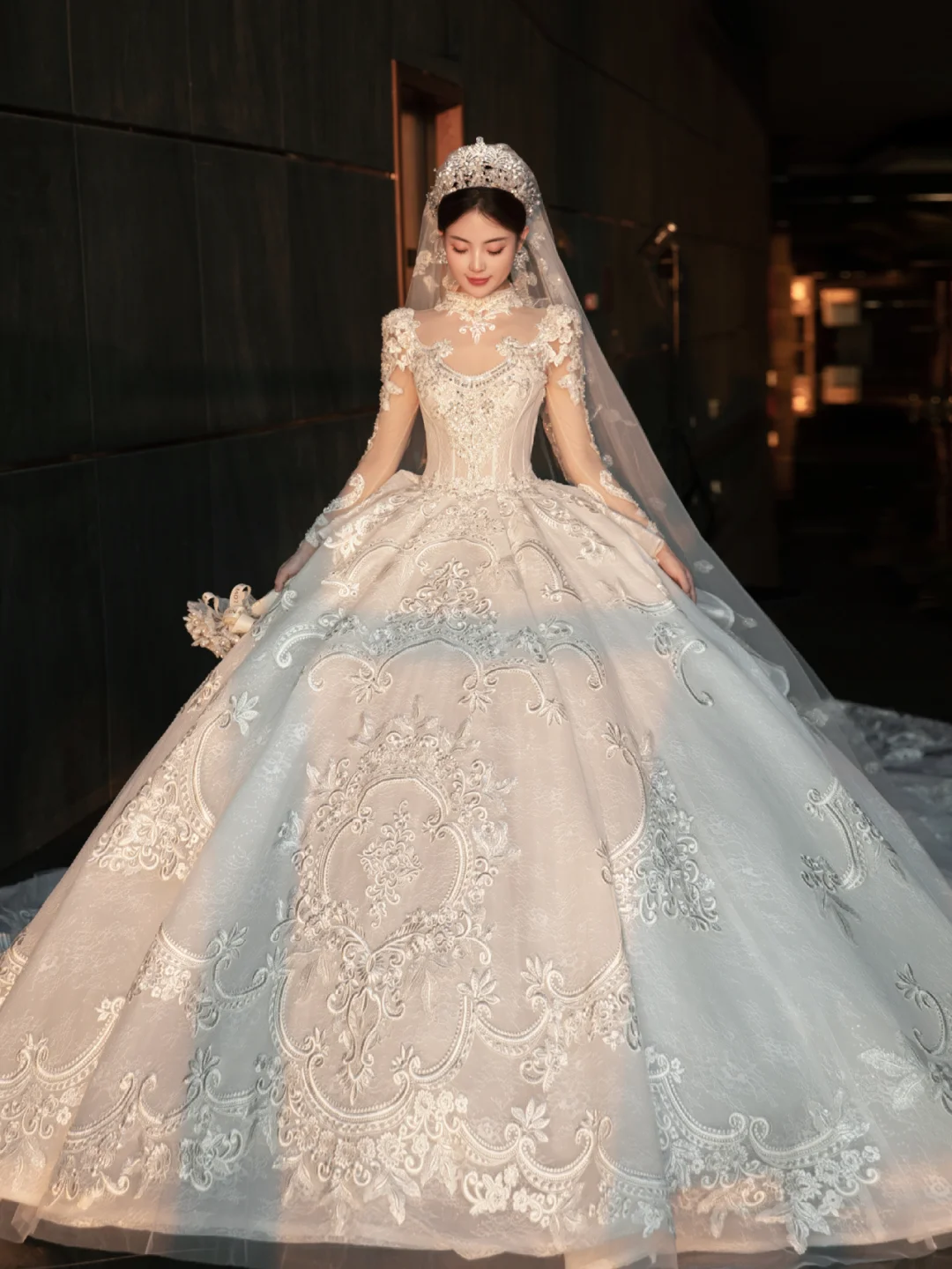 Dreamy Ball Gown Tulle Lace Applique Long Sleeves With Veil Long Wedding Dresses - View 6 | FashionDia