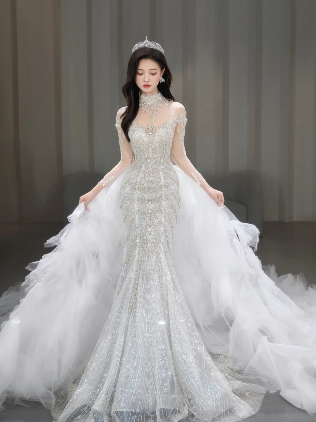 Timeless Mermaid Tulle Sequin Beaded Long Sleeves Long Wedding Dresses - View 2 | FashionDia