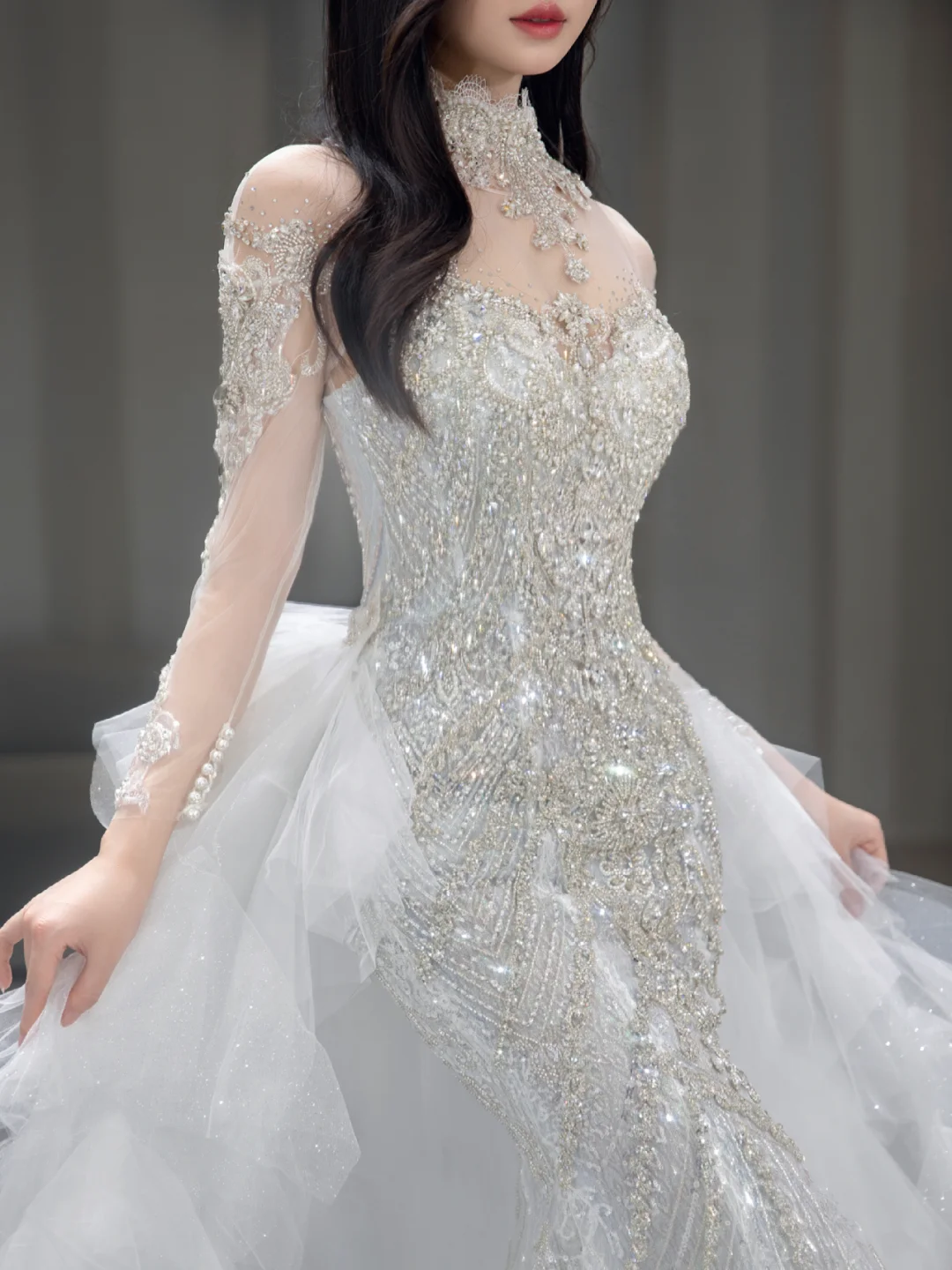 Timeless Mermaid Tulle Sequin Beaded Long Sleeves Long Wedding Dresses - View 3 | FashionDia