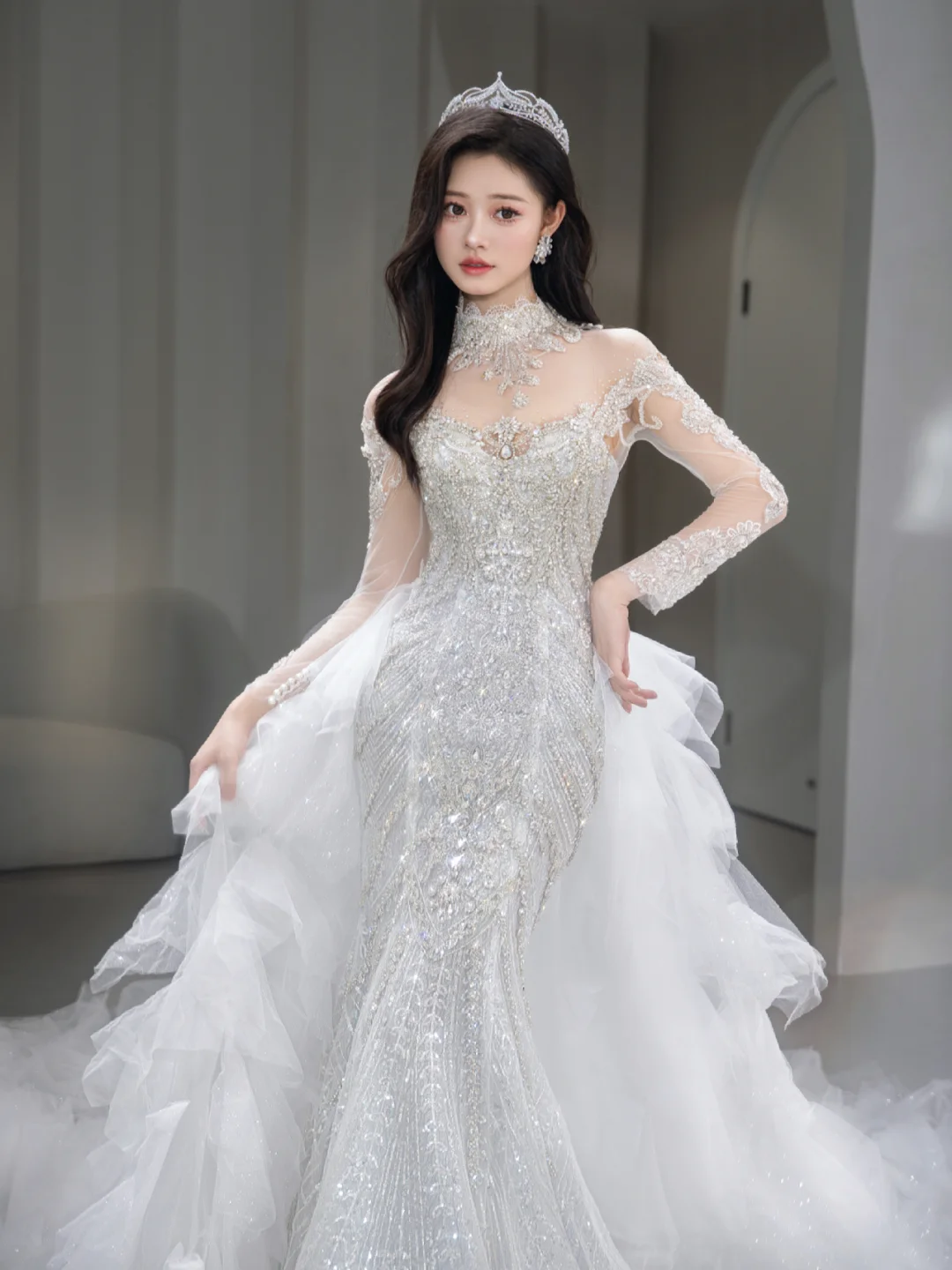 Timeless Mermaid Tulle Sequin Beaded Long Sleeves Long Wedding Dresses - View 4 | FashionDia