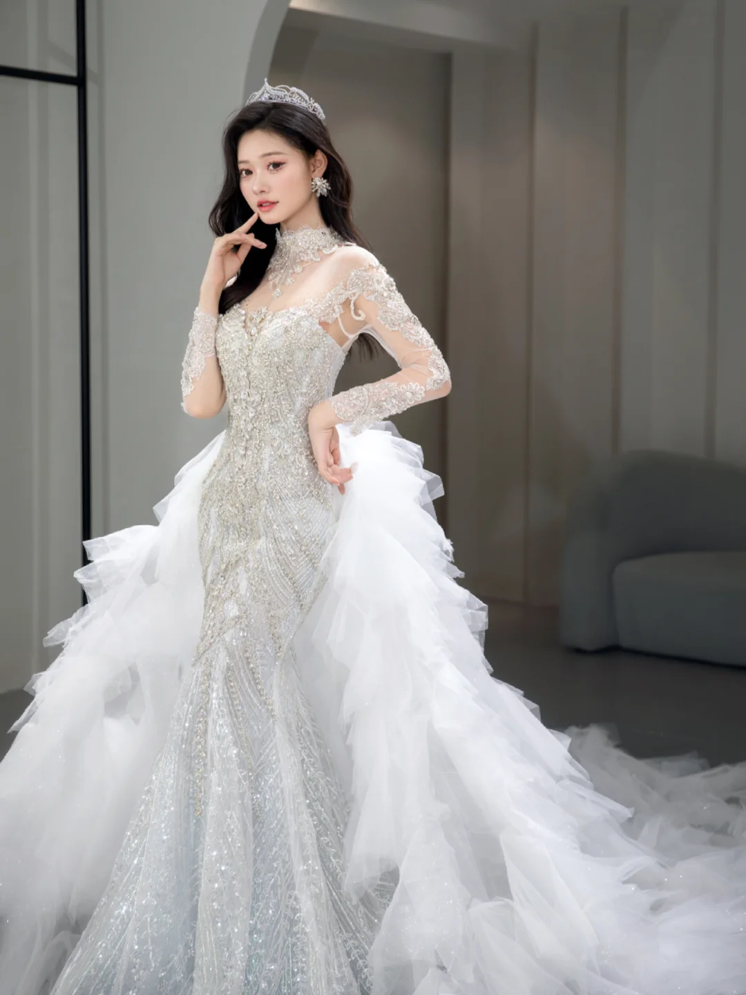 Timeless Mermaid Tulle Sequin Beaded Long Sleeves Long Wedding Dresses - View 5 | FashionDia