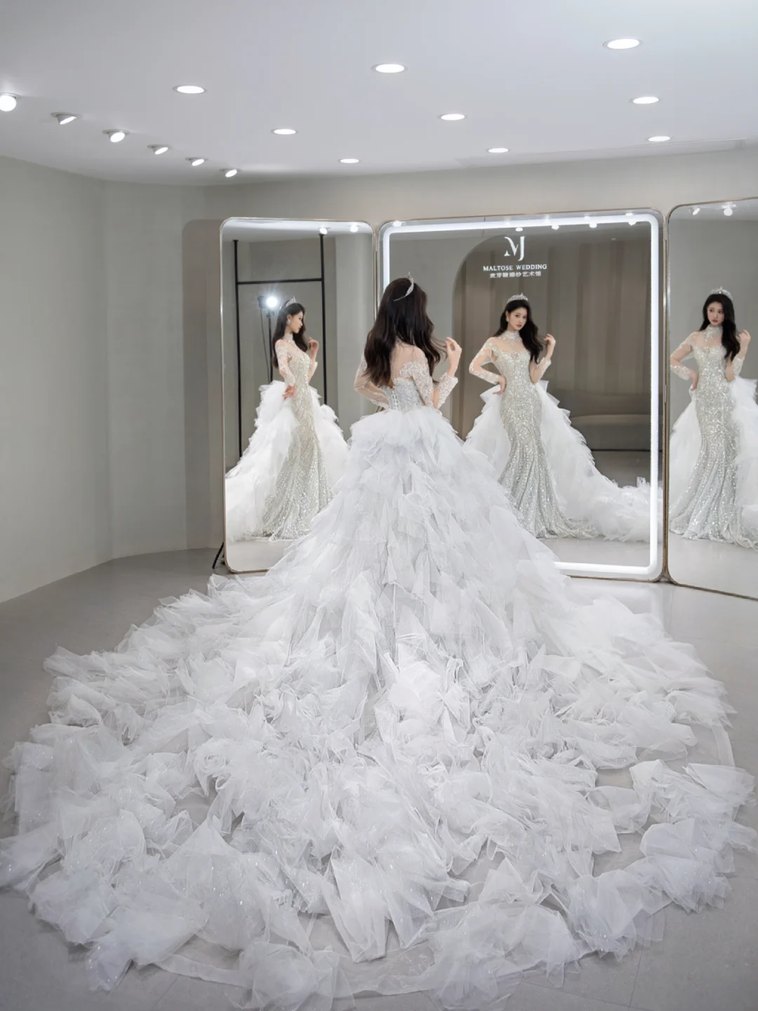 Timeless Mermaid Tulle Sequin Beaded Long Sleeves Long Wedding Dresses - View 6 | FashionDia
