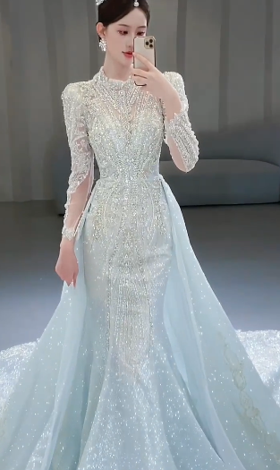 Gorgeous Mermaid Tulle Sequin Beaded Long Sleeves Long Wedding Dresses