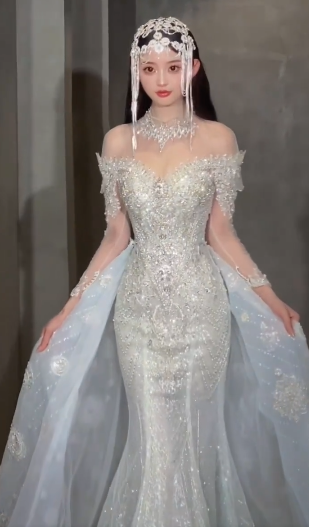 Unique Mermaid Off The Shoulder Tulle Sequin Long Sleeves Long Wedding Dresses
