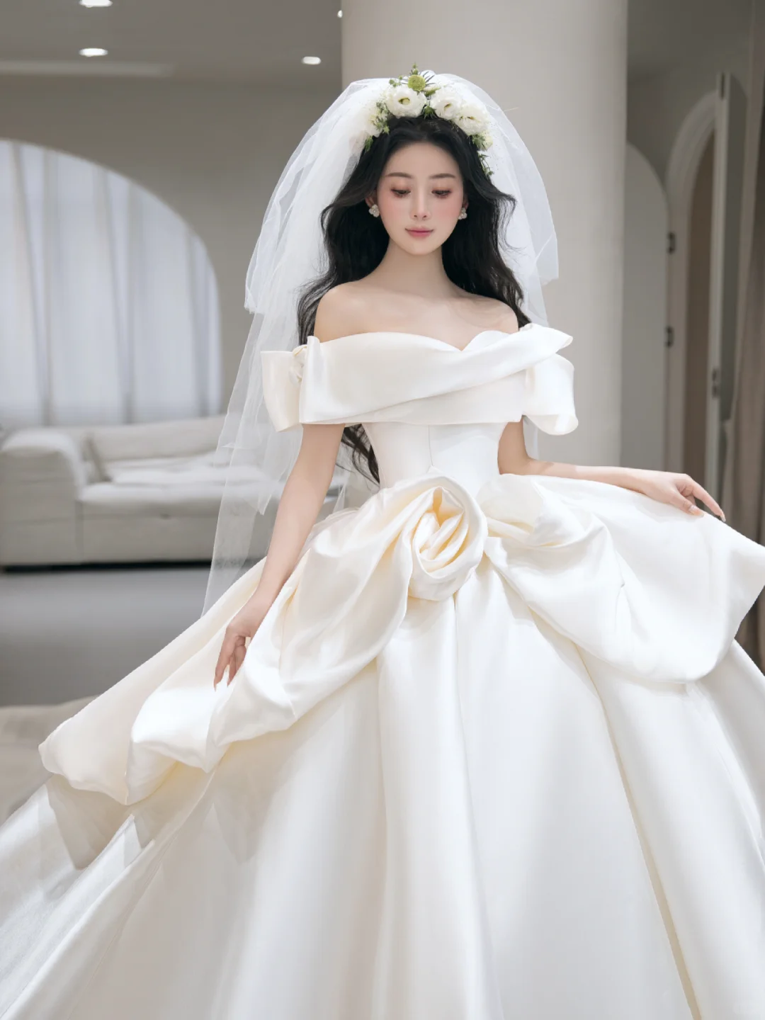 Elegant Ball Gown Off-the-Shoulder Satin With Veil Long Wedding Dresses - View 2 | FashionDia